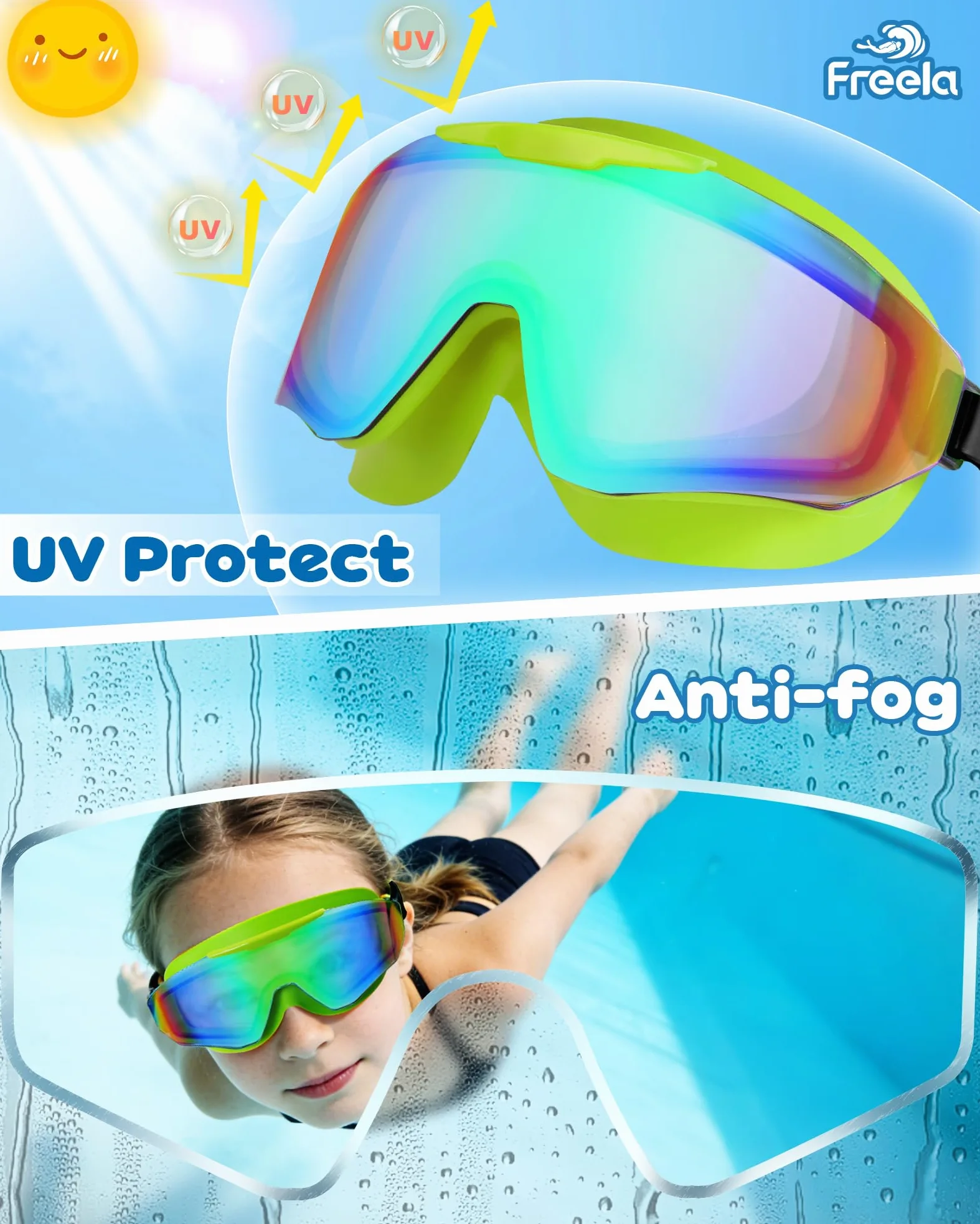 Freela Paquete de 2 gafas de natación para niños de 8 a 16 años, protección UV antivaho, capa extra de silicona, gafas de natación para niños y niñas