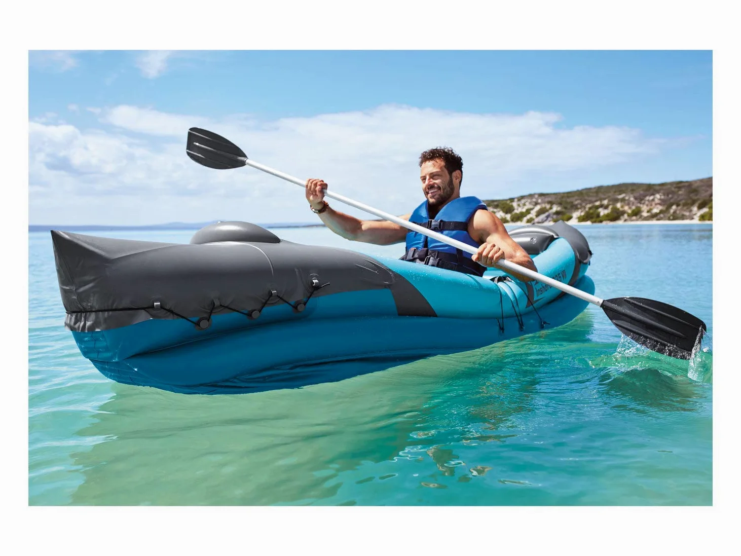 Crivit Kayak inflable resistente para 2 personas con reposapiés, asientos delanteros y traseros extraíbles, agua salada, aceite, ozono y resistente al frío