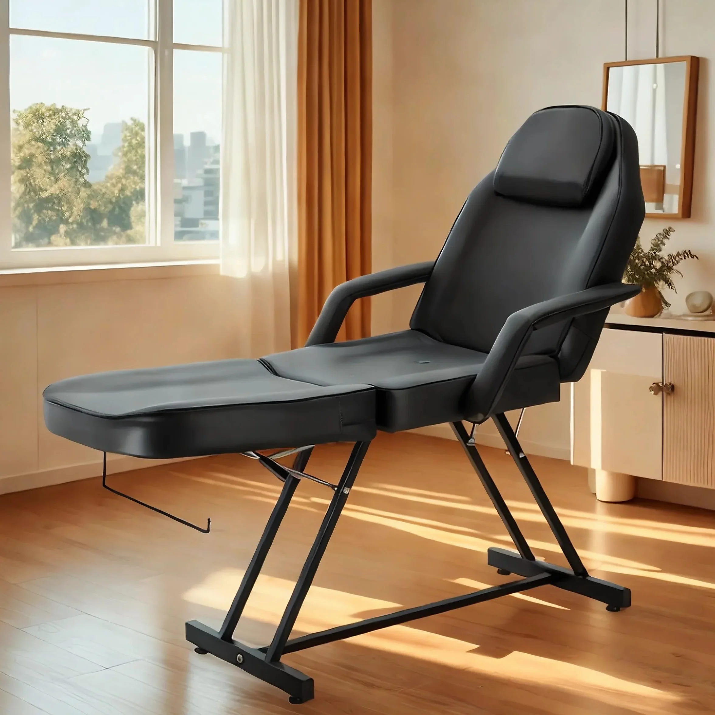 Camilla de Masaje Ajustable Plegable de Cuero PU con Taburete Negro