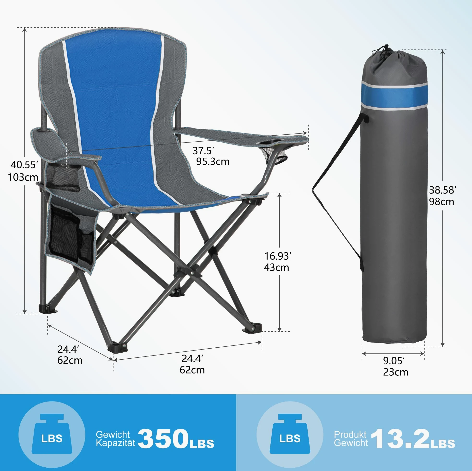 LET'S CAMP Silla plegable para camping, hasta 160 kg | Con soporte para bebidas, bolsa de transporte XL, silla plegable, color azul