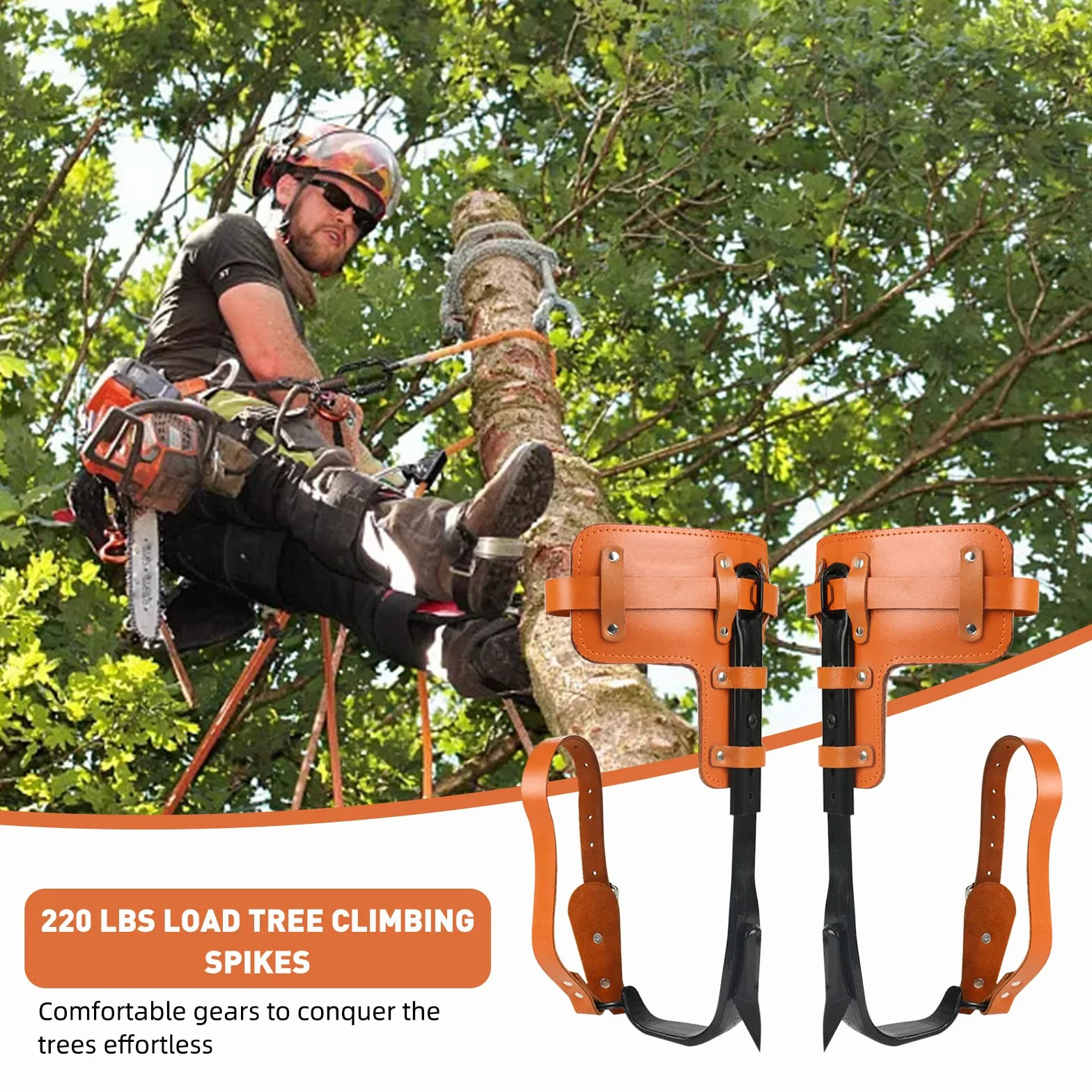 Equipo de escalada de árboles, crampones, altura ajustable y con correa de piel de vacuno, crampones de árbol, artefacto antideslizante para acampar en el bosque, recolección de frutas