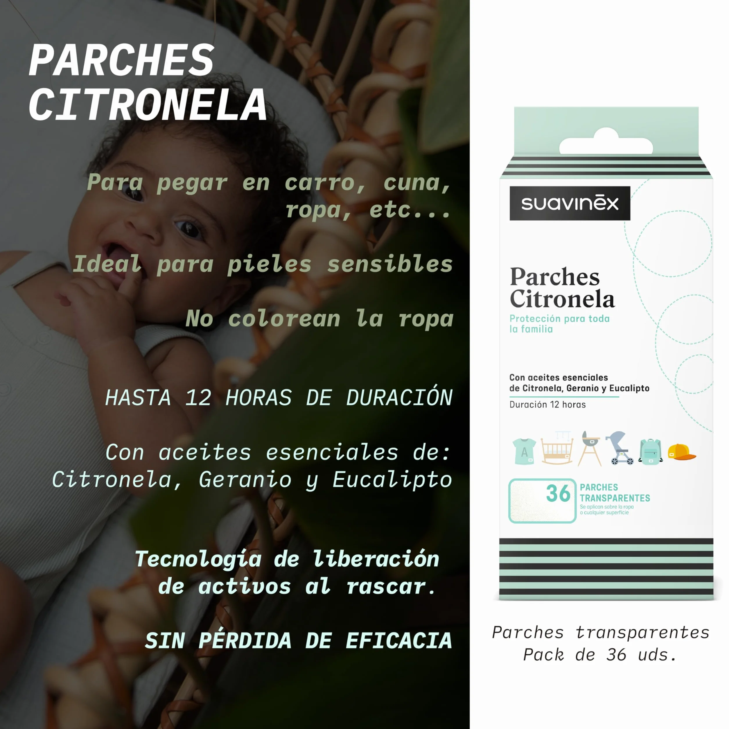 Suavinex Parches de Citronela para Bebés Niños Adultos 12 H Duración Adhesivos Transparentes 36 uds