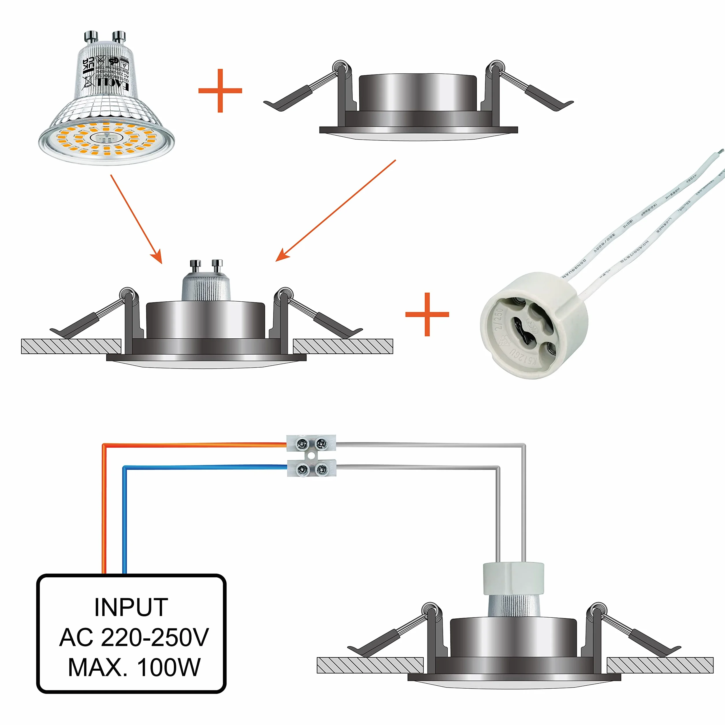 EACLL GU10 Bases para Lámparas, Casquillo Portalámparas Zócalo de Cerámica, Pack de 10, Con Cable de Silicona
