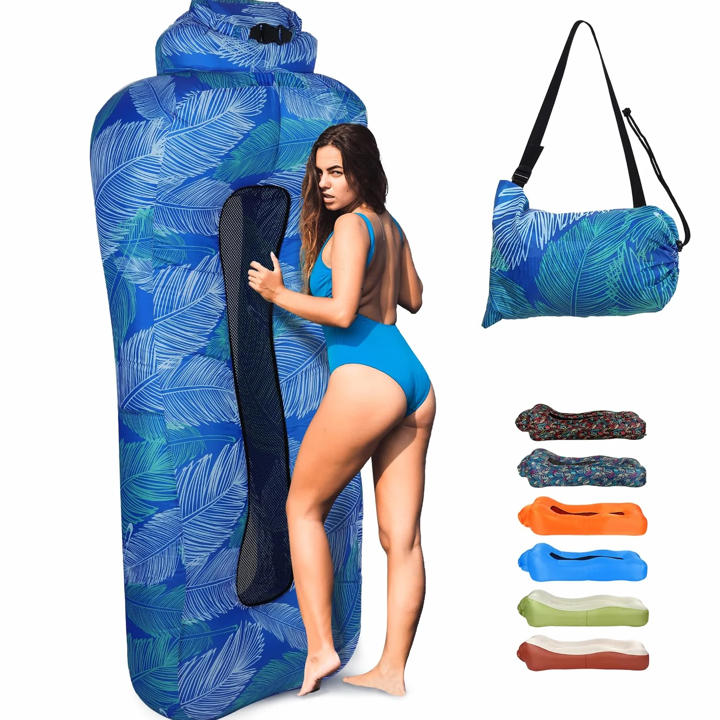 Tumbona inflable ligera y portátil, con respaldo de malla, sofá impermeable para acampar, playa, piscina, festival de música, azul Klein