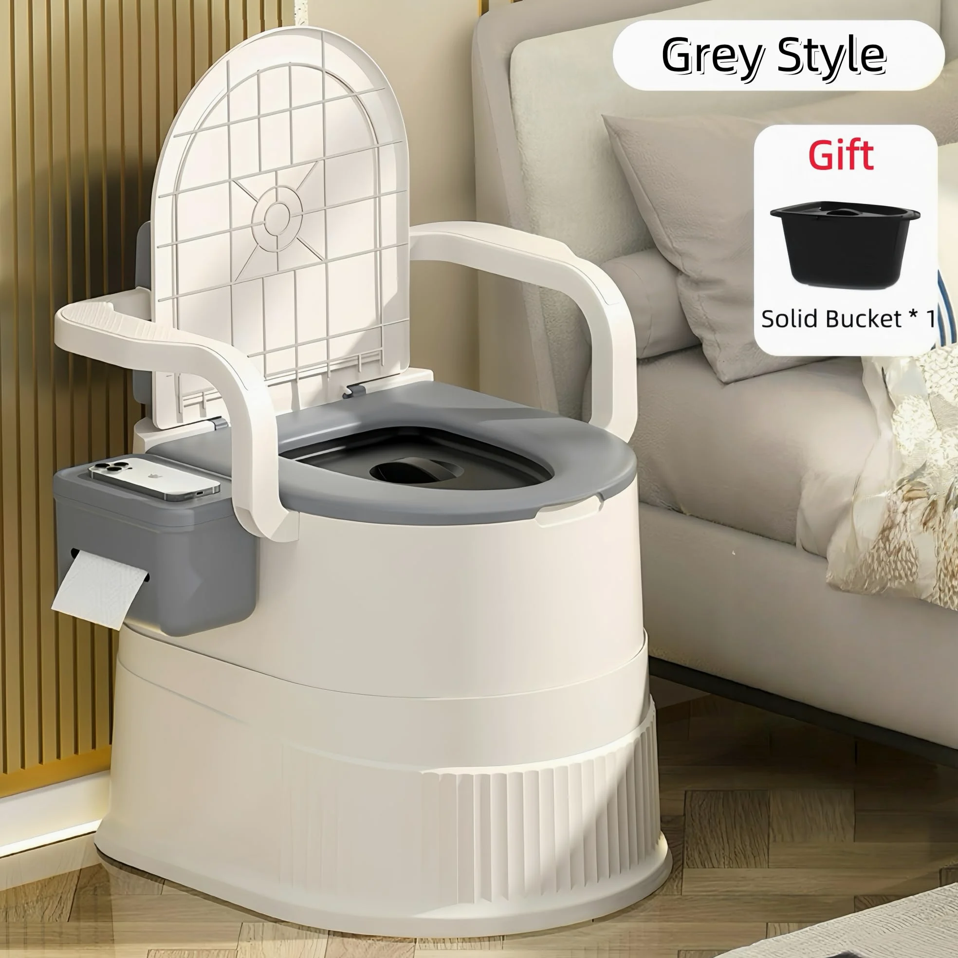 Silla de inodoro portátil con respaldo y reposabrazos, diseño ergonómico, capacidad de 150 kg, fácil de limpiar, ideal para ancianos, mujeres embarazadas, camping, autocaravana, exterior y