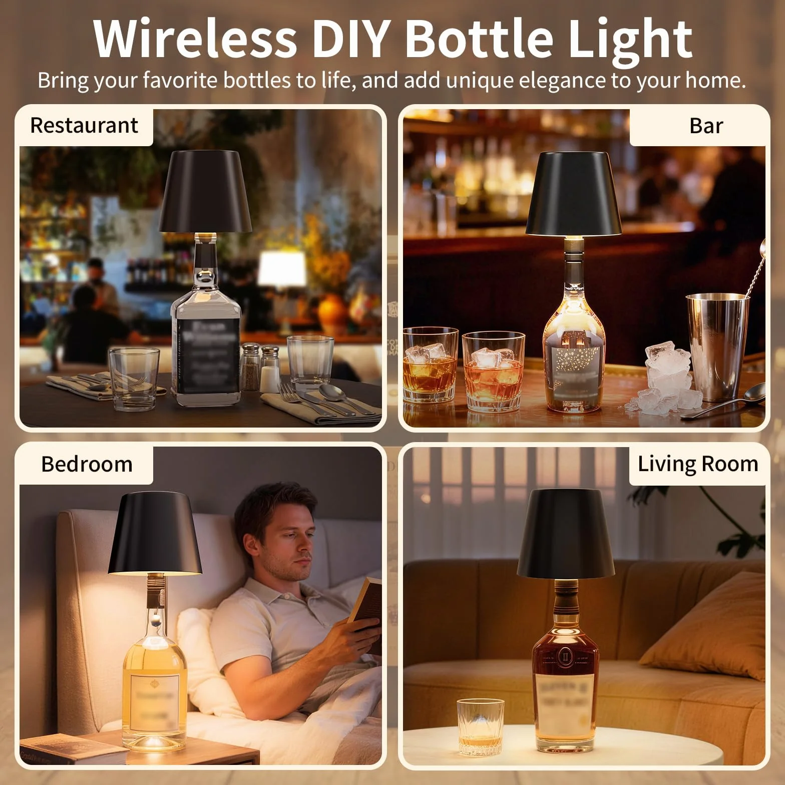 Lámparas LED para Botella 2 Piezas, Inalámbricas Recargables IP54, 5300 mAh, Negro