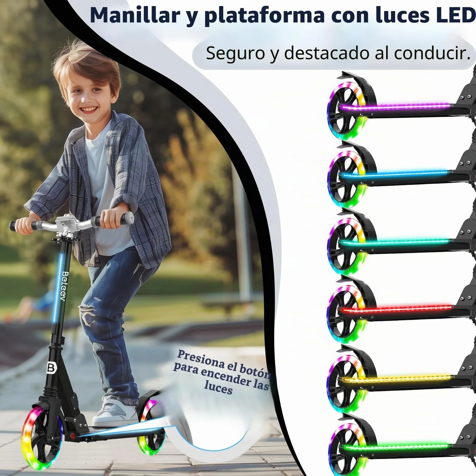 BELEEV Patinete Plegable 2 Ruedas con Luces LED, Rueda 200mm, Altura Ajustable, Adulto Niño