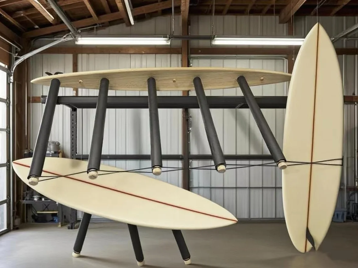 Soporte vertical para tabla de surf - Madera dura duradera con alfombra de goma, 6 brazos (5 a 6 tablas), soporte de surf para pared, almacenamiento de tablas de surf, wakeboard, tabla de
