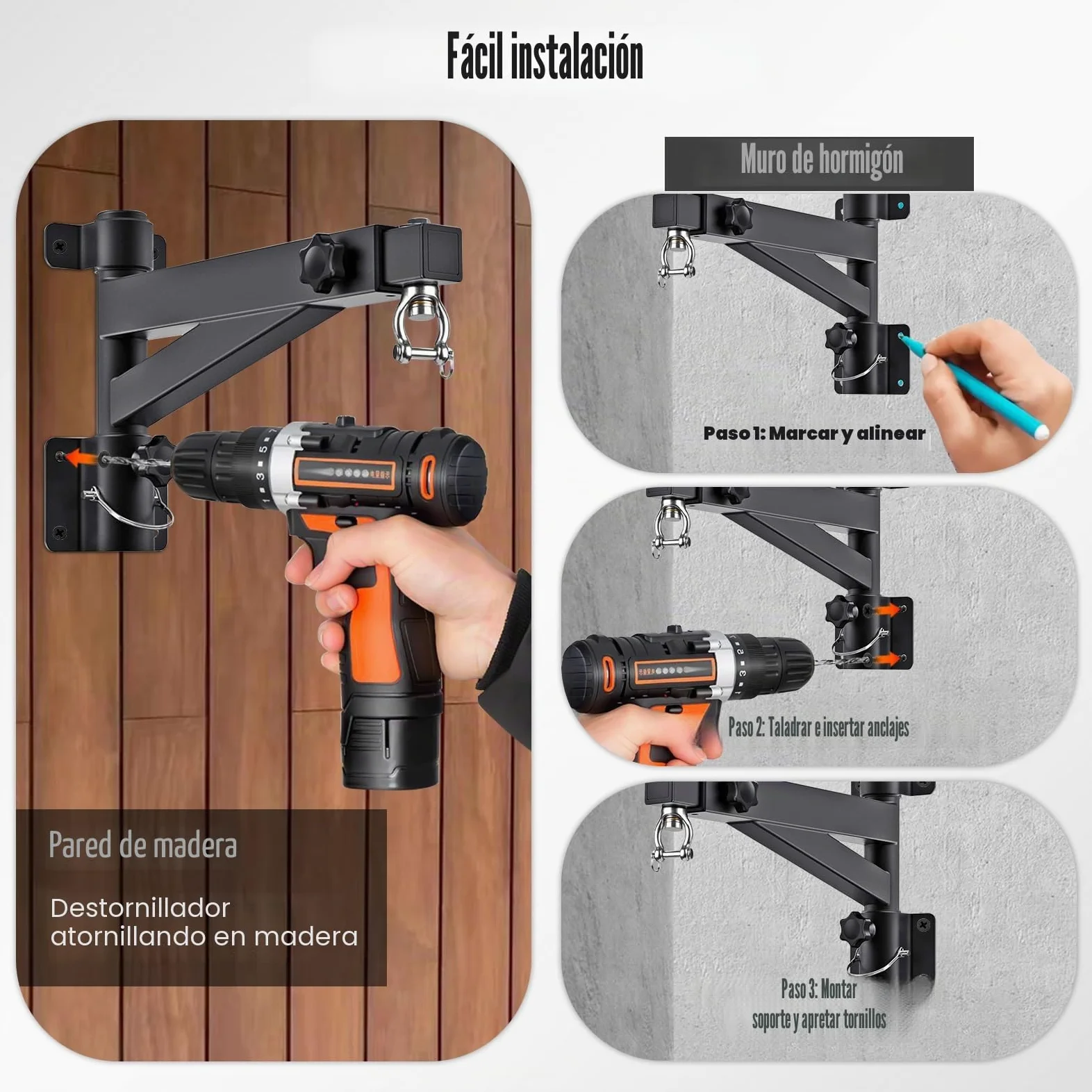 Soporte Saco Boxeo Pared, Colgador Ajustable 43-63cm, Rotación 180°, Soporta 150kg, para Muay Thai