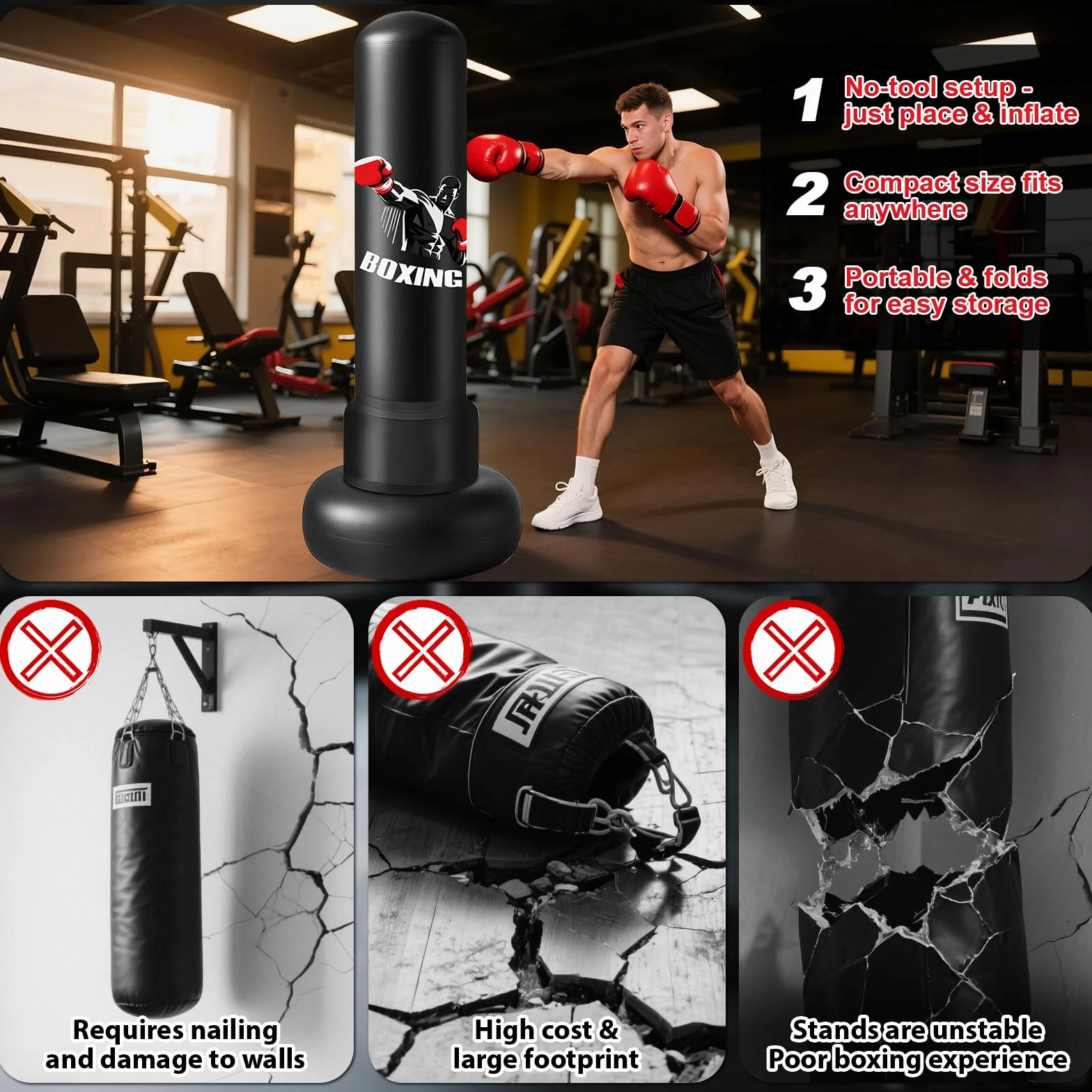 Ninonly Saco de Boxeo para Adultos 190cm Saco de Boxeo Inflable Pesado con Guantes de Boxeo, Bomba y Pelota de Reflejos,Base Grande Mejorado para Hombres y Mujeres,Entrenamiento MMA Muay Thai Fitness