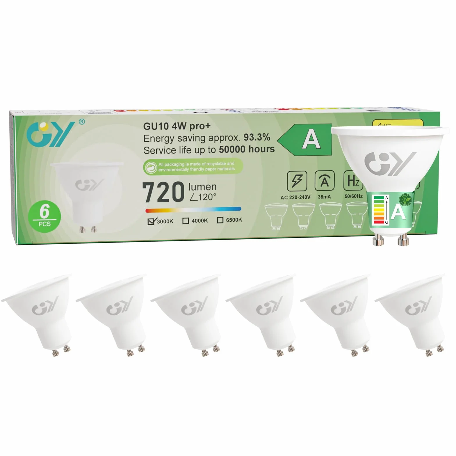 Pack 6 Bombilla LED GU10 4W 3000K 720 Lúmenes 110° No Regulable