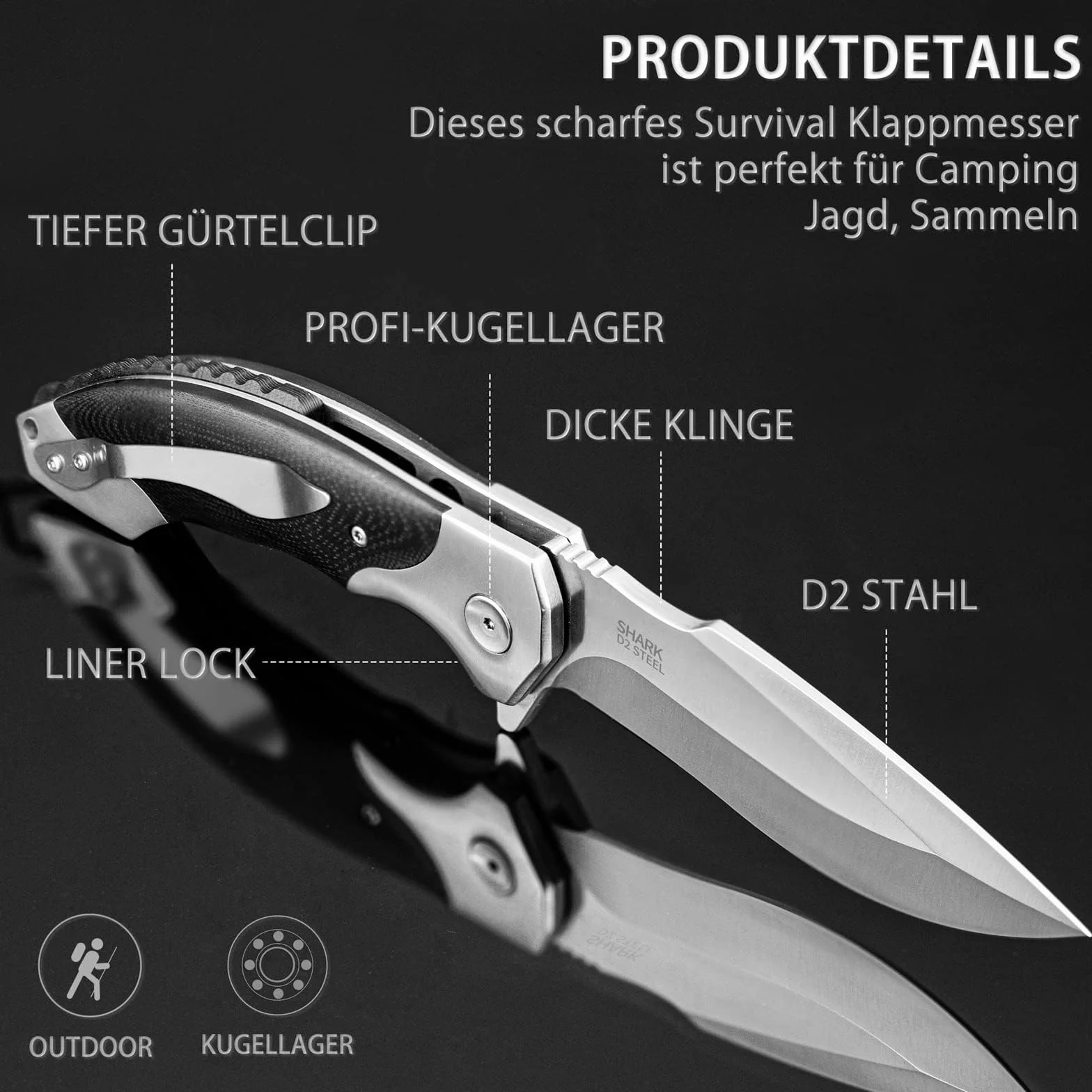 NedFoss Afilada navaja plegable, navaja de bolsillo con clip, cierre de forro seguro, Cuchillo de una mano de acero d2, adecuada para camping, Adecuado para camping, senderismo