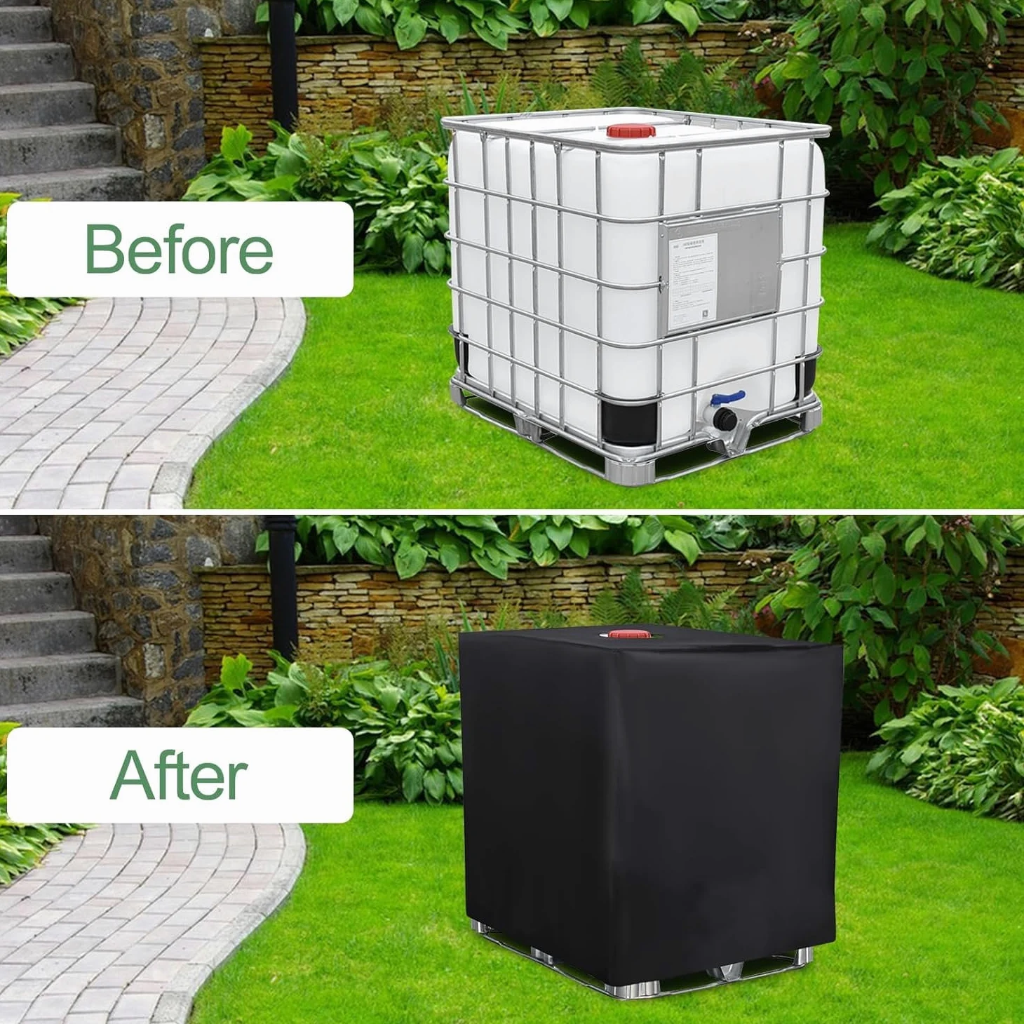 IBC - Cubierta de tanque impermeable 420D Oxford tela para depósito de agua de lluvia para tanques IBC de 300 L, 600 L, 800 L, 1000 L, dimensiones: 120 x 80 x 116 cm