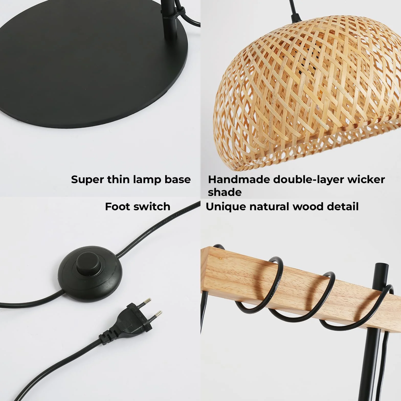 Alpinaluz Lámpara de Pie Mimbre Natural 157 cm E27 Estructura Negra Madera