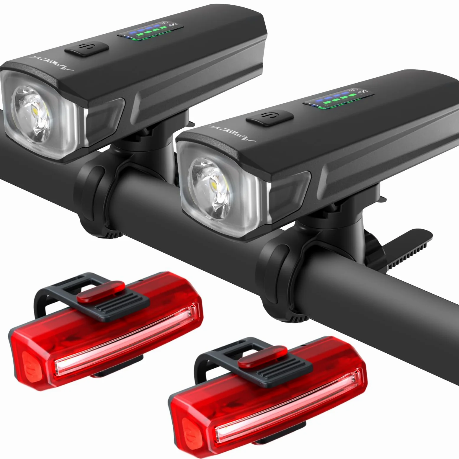 APECYC Luces de bicicleta para conducción nocturna, 1200 lúmenes, faro delantero y trasero de bicicleta con 4+5 modos de luz, juego de luces brillantes recargables por USB para ciclistas y viajeros