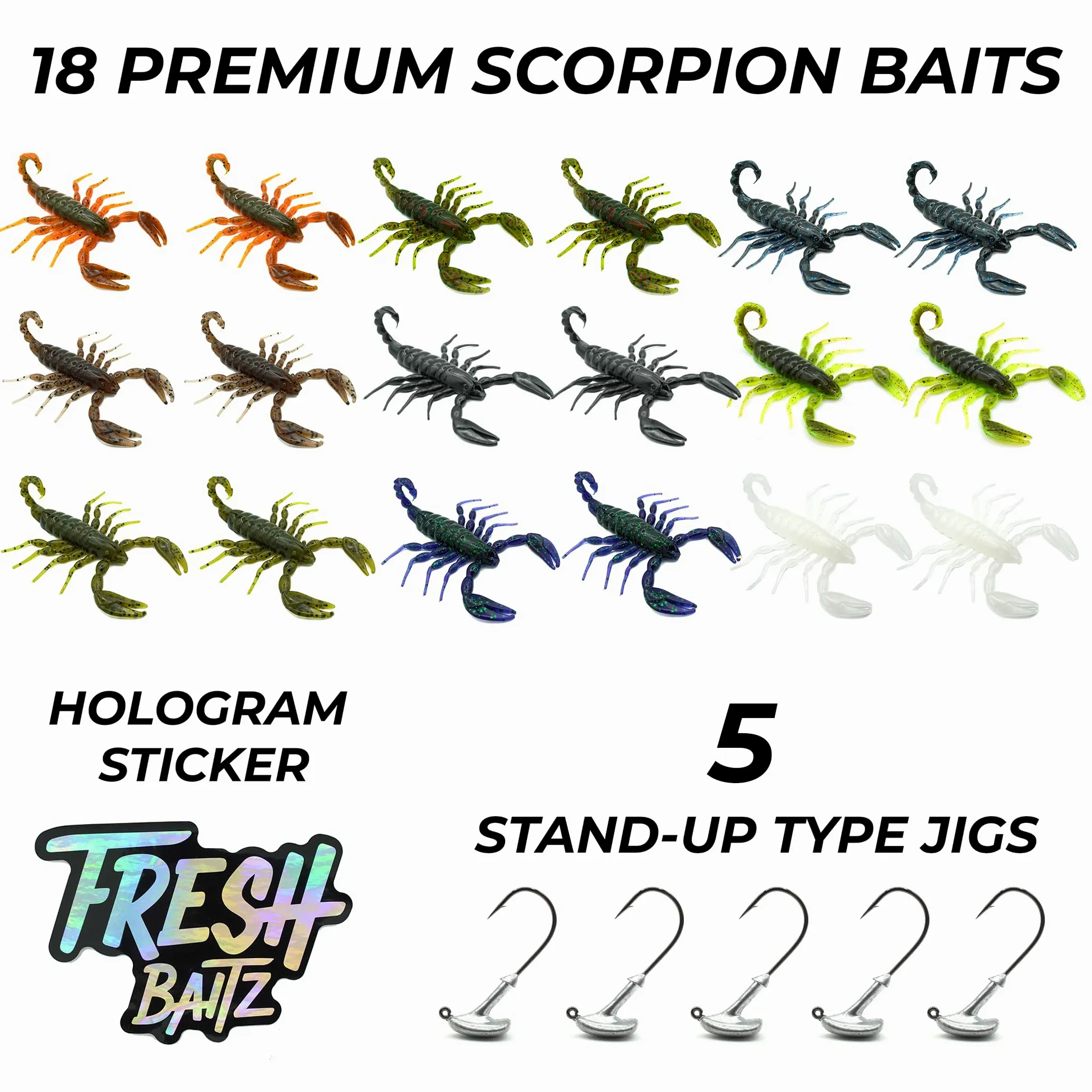 FRESHBAITZ Scorpion Sampler Kit | Señuelos de pesca de plástico suave para boca grande de agua dulce y lubina de boca pequeña, paquete de aparejos de pesca