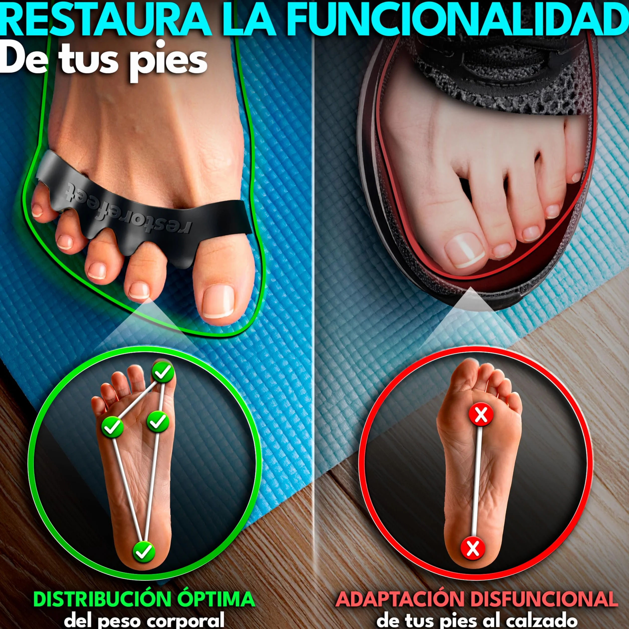 Kit Barefoot 5 en 1 Separadores de Dedos Bandas Elásticas Pelota Miofascial para Pies