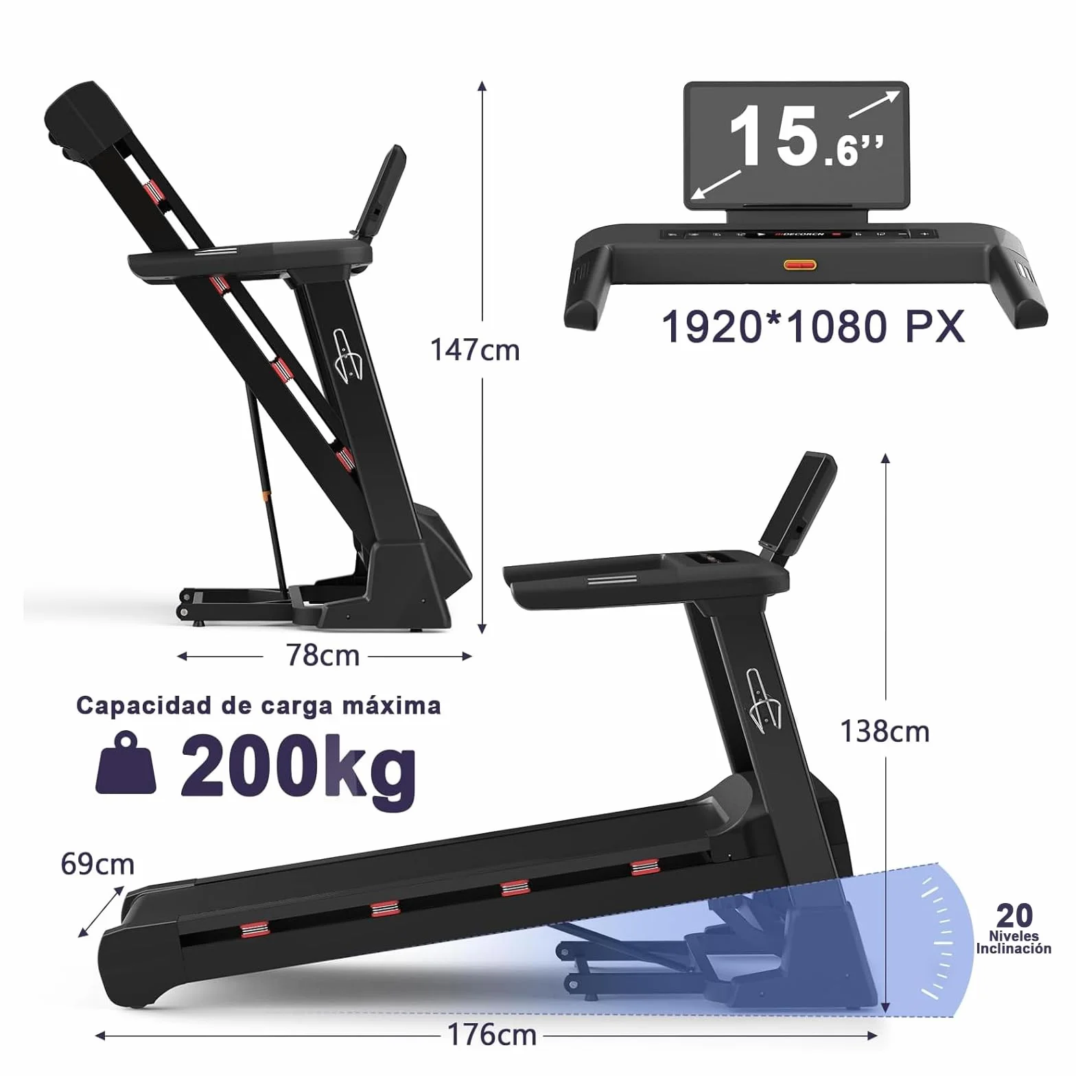 Cinta de Correr Plegable Profesional con App, Motor 7.5CV 20 km/h, Inclinación Automática 20 Niveles, Máquina de Correr para Gimnasio en Casa, Carga 200 kg, Silenciosa, Pantalla Táctil 15.6"