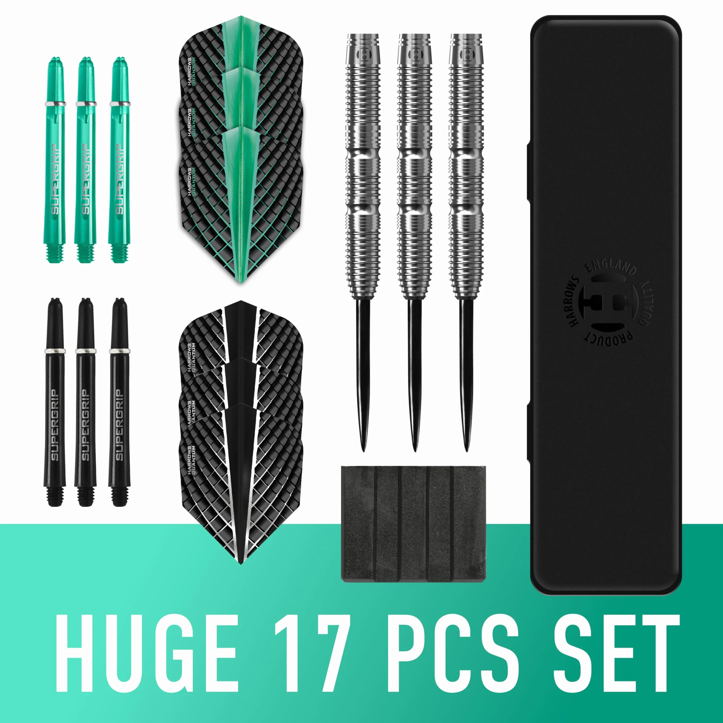 Harrows NX Elite 90% Tungsteno Juego de Dardos con Punta de Acero | 21g a 26g Todos los Pesos Disponibles | Gran Pack de 17 Piezas con Varillas Supergrip, Plumas Quantum y Estuche de Viaje