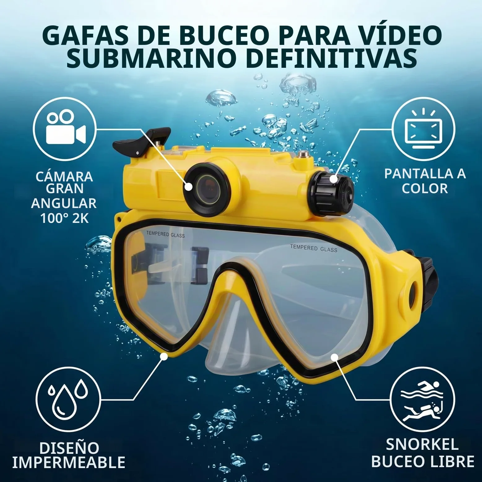Tangxi 2026Nuevas Gafas de Buceo con Cámara 2K, Gafas a Prueba de Agua de 49,2 Pies con Pantalla a Color de Cámara Gran Angular de 100°, para Esnórquel, Apnea y Natación