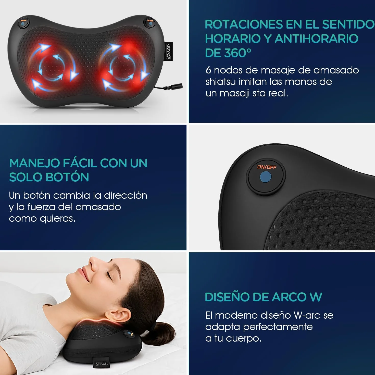 Cojín de Masaje Shiatsu, Masajeador de Cuello y Espalda con Calor, 3 Velocidades, Negro