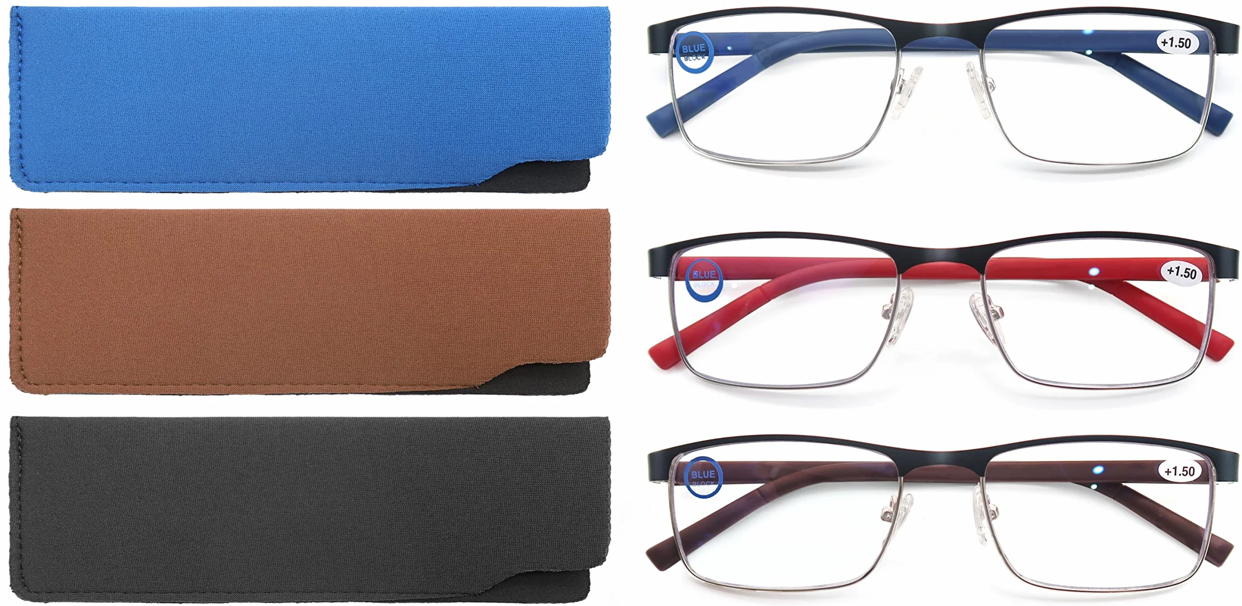 MODFANS Pack de 3 Gafas de Lectura Anti Luz Azul Rectangular Metal Acero Inoxidable Lente Clara