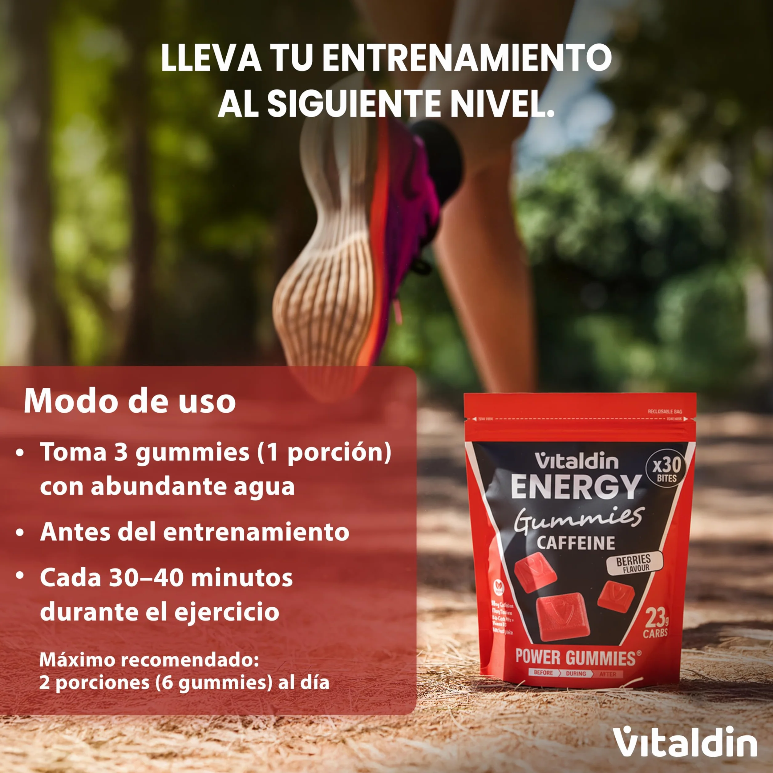 VITALDIN SPORT Power Gummies Caffeine & Taurine 80 mg Cafeína 40 mg Taurina Vitamina B6 30 Bites Sabor frutos rojos Vegano