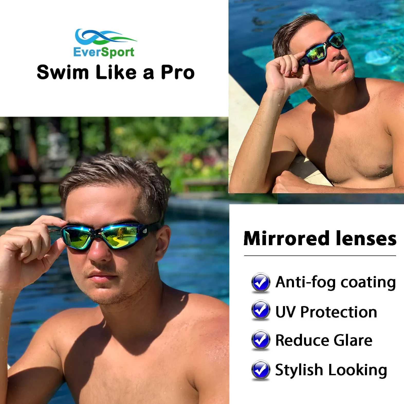 EverSport anteojos de natación, paquete de 2 gafas de natación, gafas de natación, sin fugas, antiniebla, protección UV para adultos, hombres, mujeres, jóvenes, niños, a prueba de roturas,