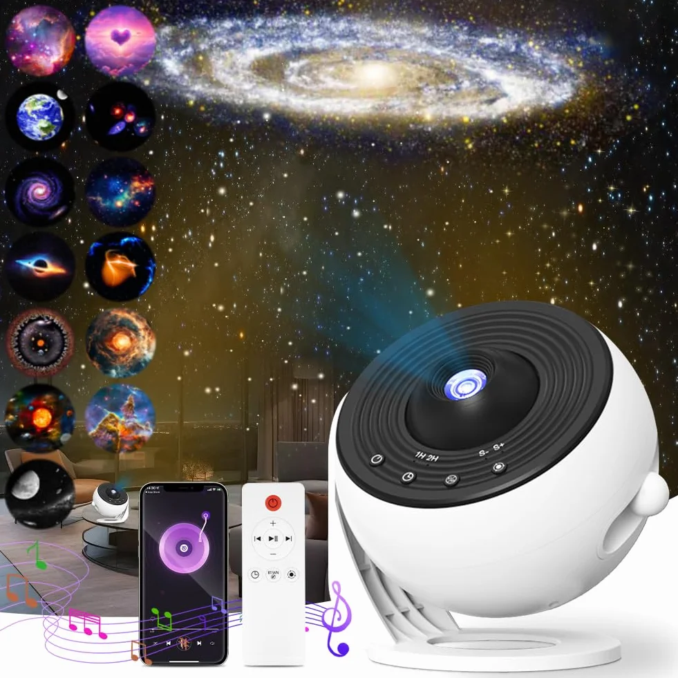 Proyector de Cielo Estrellado con 12 Discos Planetarios, Rotación 360°, Control Remoto
