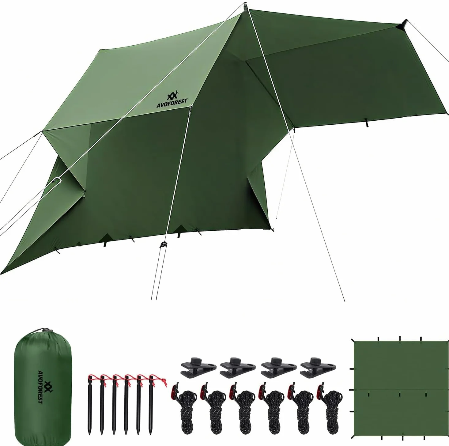 Lona impermeable 3 x 3, lona ultraligera, lona de camping con 19 ojales, pasadores de aluminio, cuerdas de nailon, clips para tiendas de campaña, anti UV, nieve y lluvia, para camping
