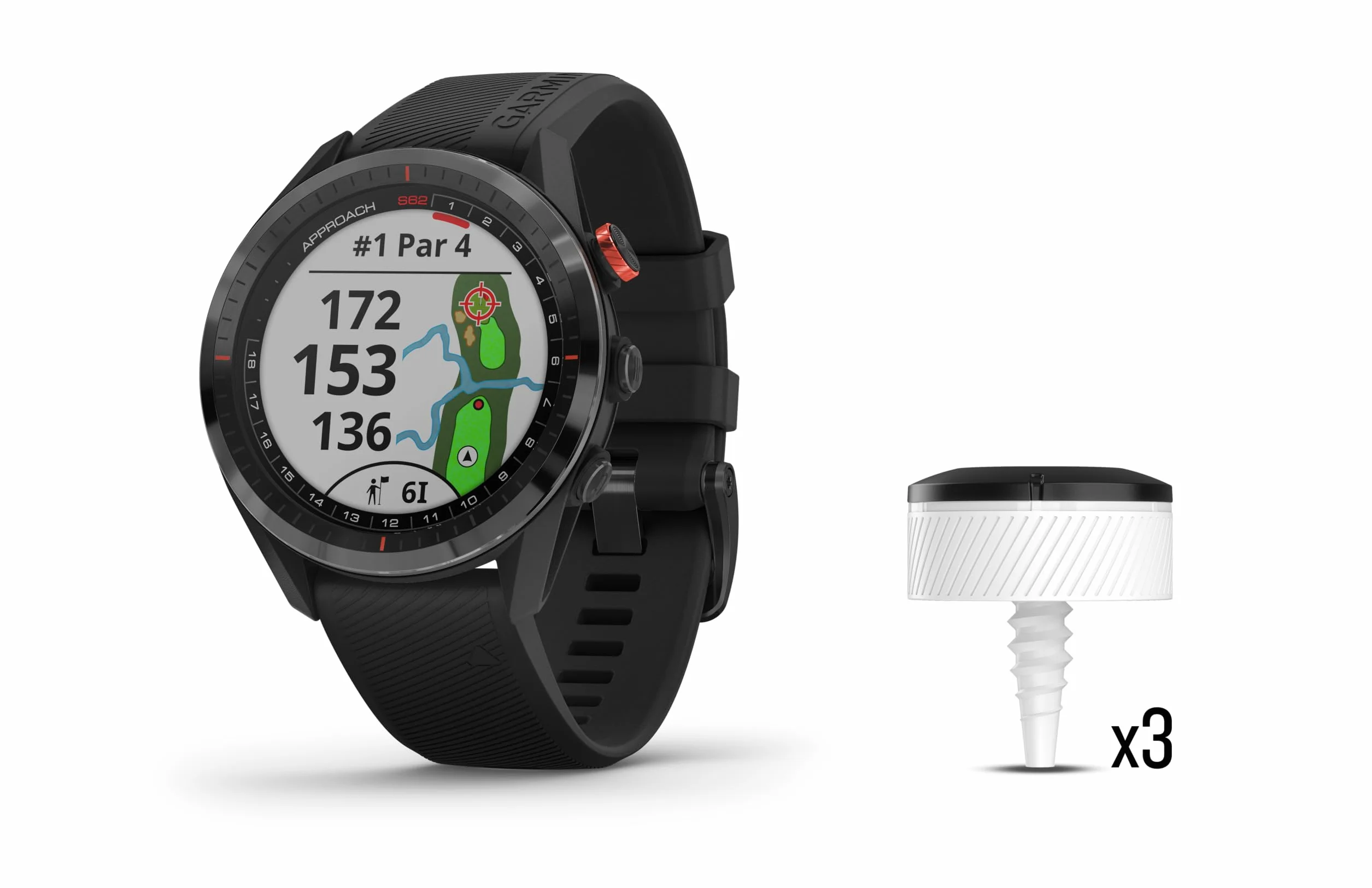 Garmin Reloj de golf Approach S62, reloj inteligente GPS premium, paquete de caja virtual integrado con sistema de seguimiento automático de palos CT10 de enfoque 3X + adaptador de carga USB + soporte