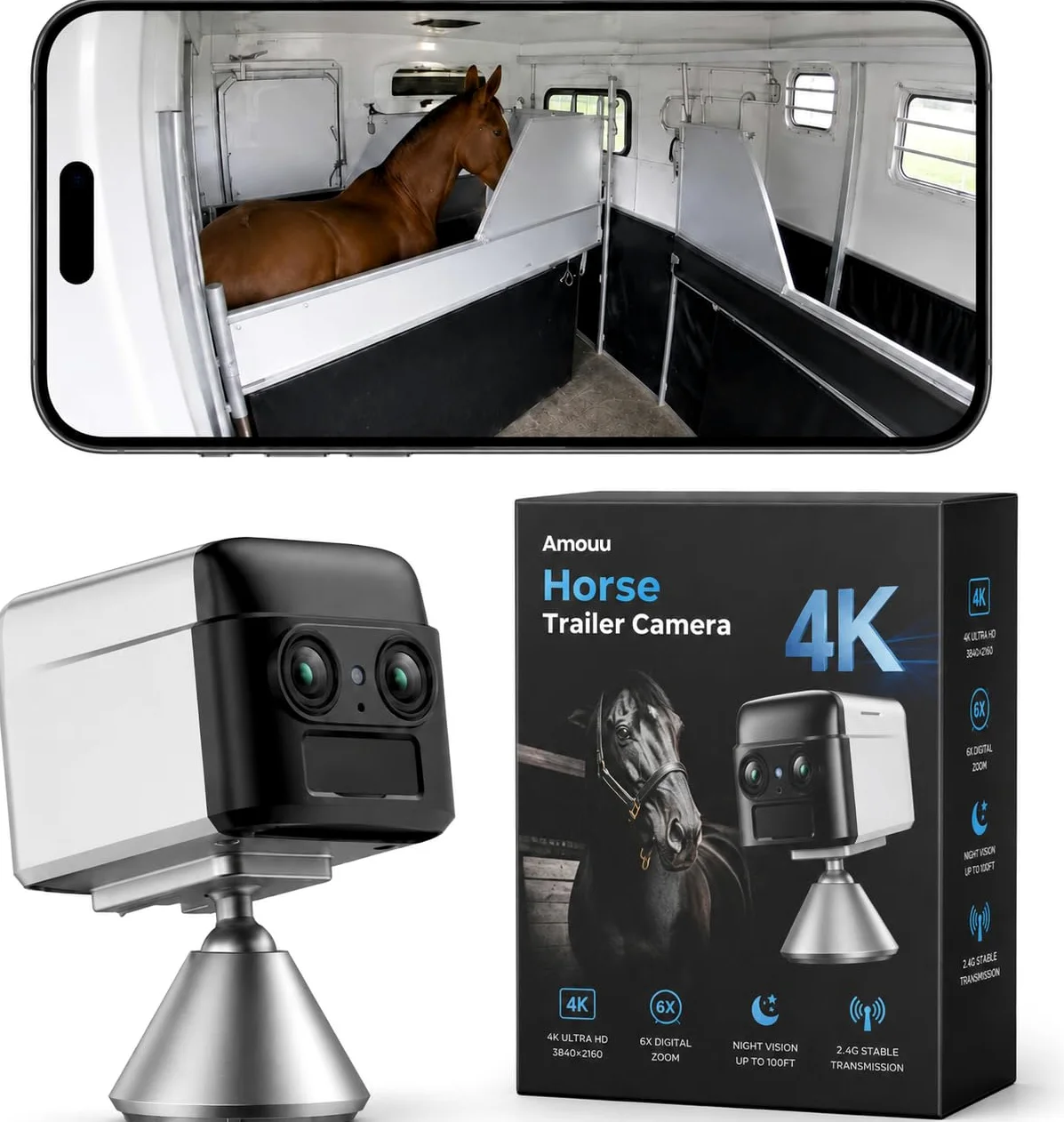 NomadEye Cámara Inalámbrica para Remolque de Caballos – Vídeo 4K en Directo al Móvil, Visión Nocturna, Audio Bidireccional, Batería de 15H, Soporte Magnético – Sin WiFi del Remolque