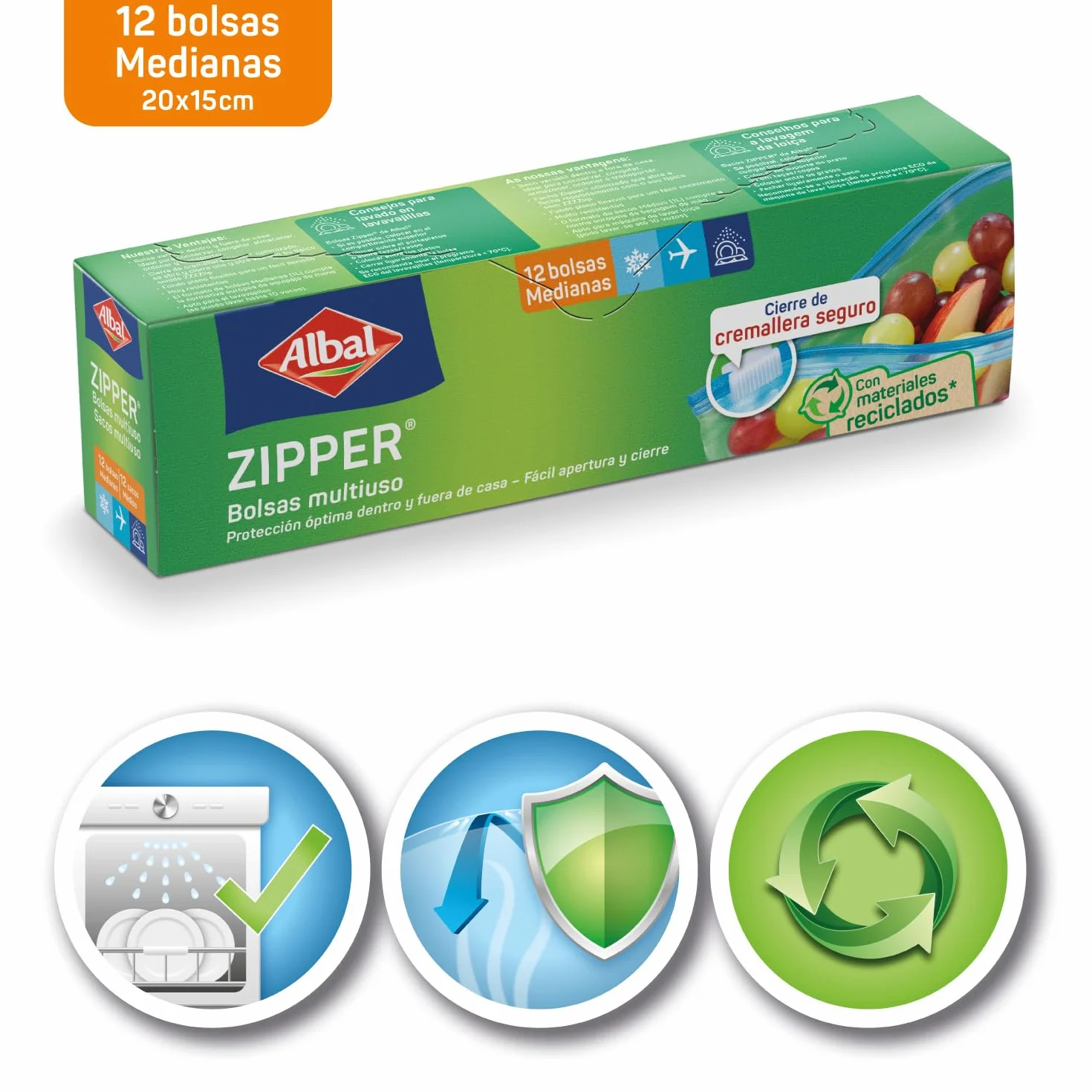 Albal Bolsas Multiuso Zipper 1 Litro, 70% Reciclados, Resistentes, Reutilizables, 12 Bolsas