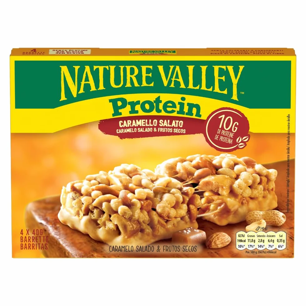 Nature Valley Protein Barrita Caramelo Salado Frutos Secos 10g Proteína Sin Gluten Vegetarianos 4x40g