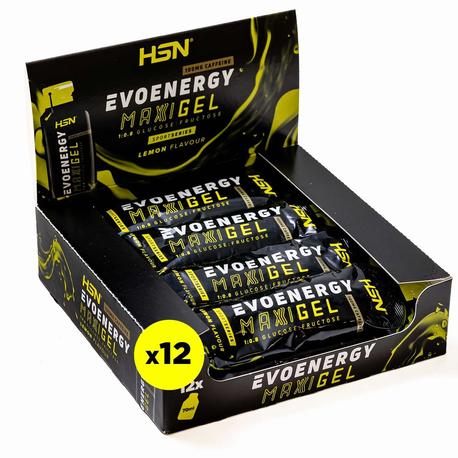 HSN Evonergy Maxigel Con Cafeína Limón 70ml 12 Unidades Gel Energético 60g Carbohidratos 1:0.8 Glucosa Fructosa Vegano Sin Gluten