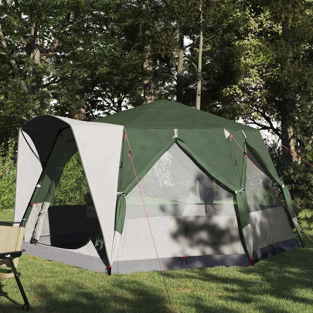 Tienda familiar para 5 personas, verde, 185T poliéster, 333 x 317 x 194 cm, resistente a los rayos UV, impermeable, con bolsa de transporte para camping