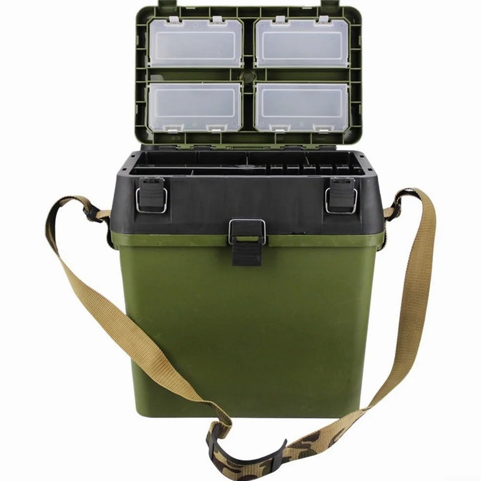 Caja de aparejos de pesca con correa de hombro ajustable, mochila de almacenamiento multicapa para equipo, 4 bandejas de accesorios y cubo inferior, caja de herramientas de asiento portátil para