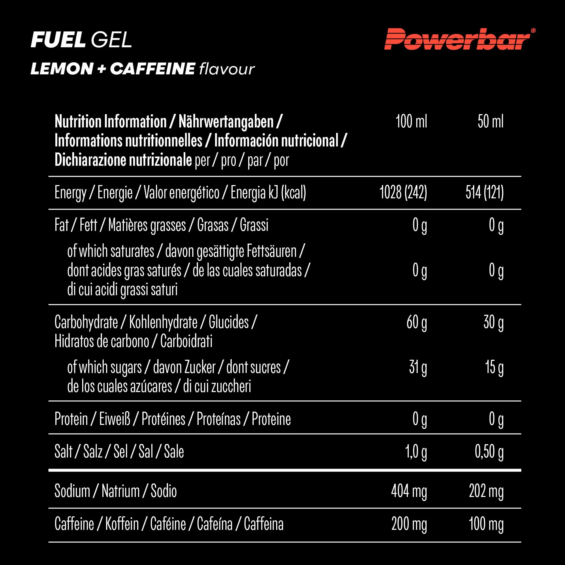 Powerbar Fuel 30 Gel Lemon 12x50ml Gel Energético Alto en Carbohidratos 100mg Cafeína