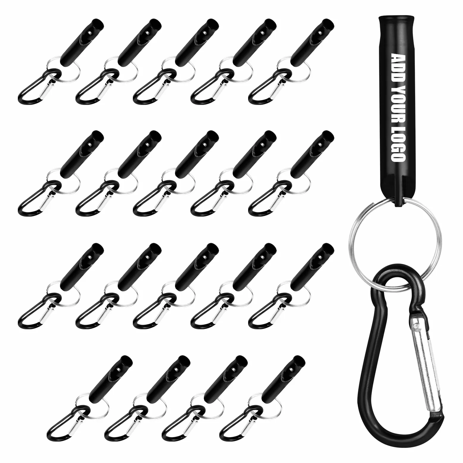 GOGO Silbato de Emergencia de Aluminio Personalizado, 20 Uds., silbatos Grabados con láser con Llavero con mosquetón para Exteriores, Senderismo, Camping