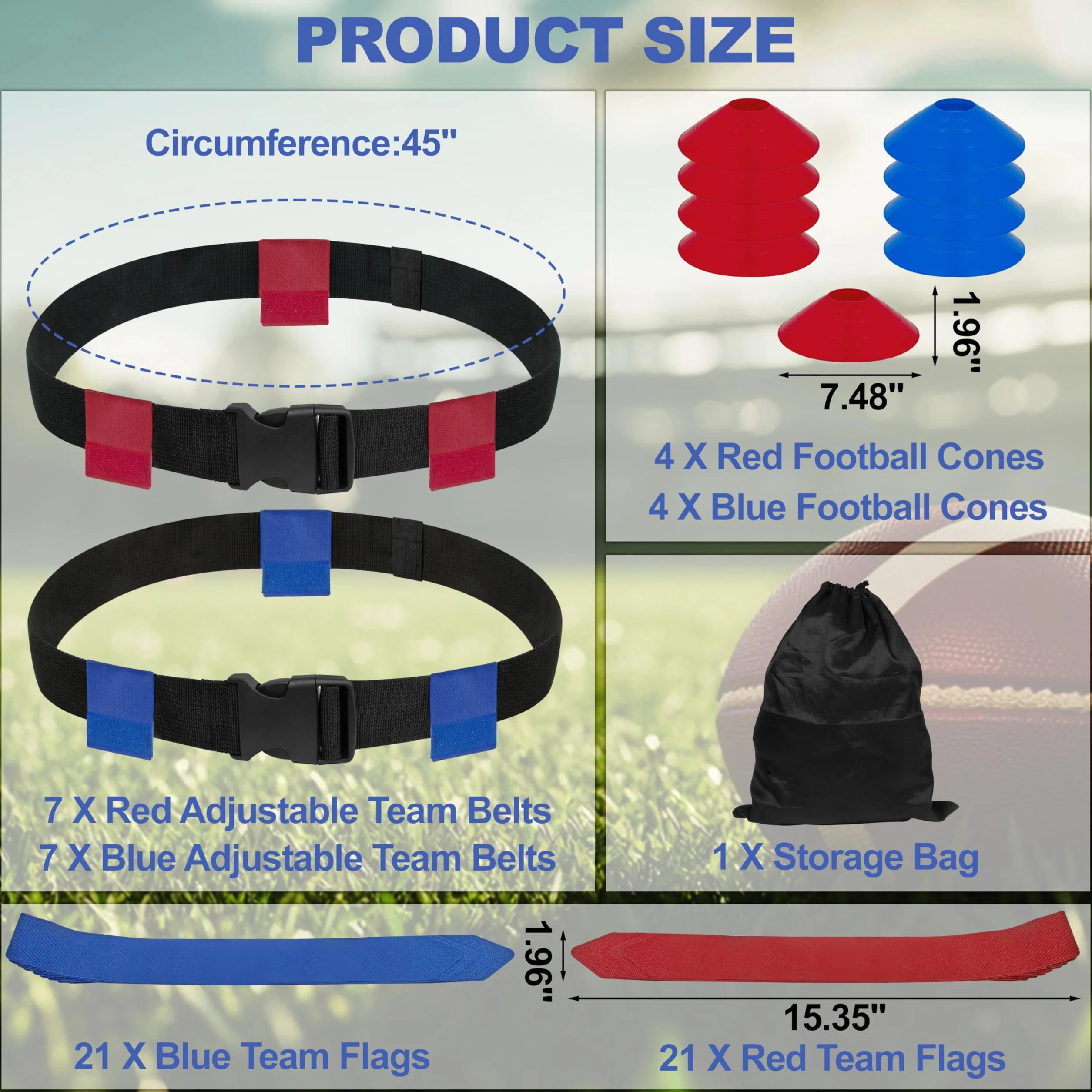 Cinturones de fútbol de bandera, juego de fútbol ajustable para 14 jugadores con 42 banderas, 8 conos de práctica y bolsa, para entrenamiento de niños, jóvenes y adultos