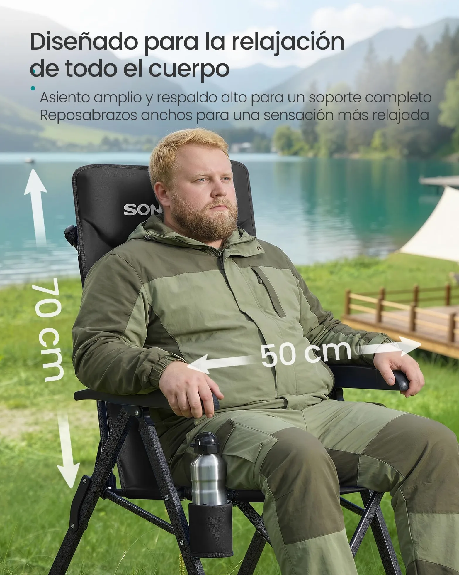 SONGMICS Silla de Camping para Adultos, Reclinable 95°-150°, Plegable, Respaldo Alto Ajustable, con Portavasos y Bolsa con Correa para el Hombro, Jardín, Pícnic, Pesca, Negro GCB015BZ01