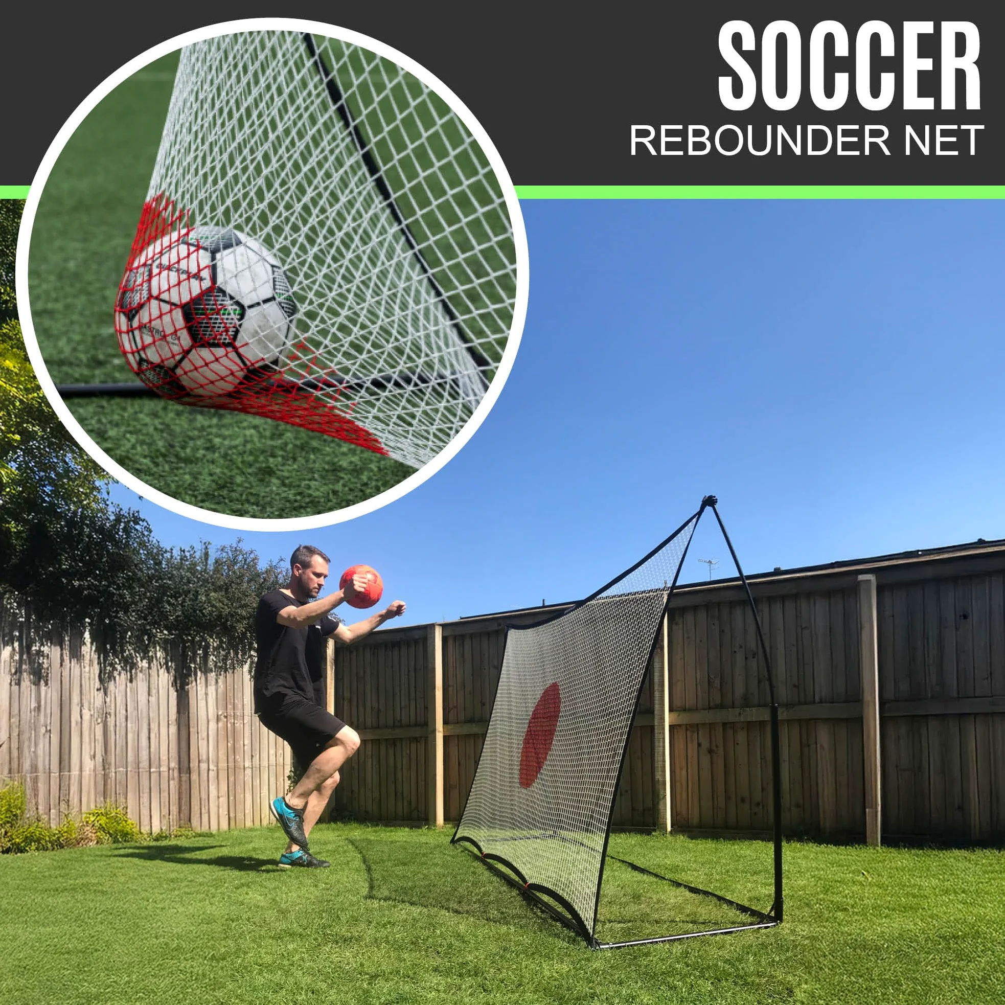 QUICKPLAY - Foco de rebote de fútbol (2,4 x 1,5 m) | Entrenamiento de balón multideportivo – Aplicación de entrenamiento eCOACHE | Red rebozadora de balón para control y precisión (3 tamaños)