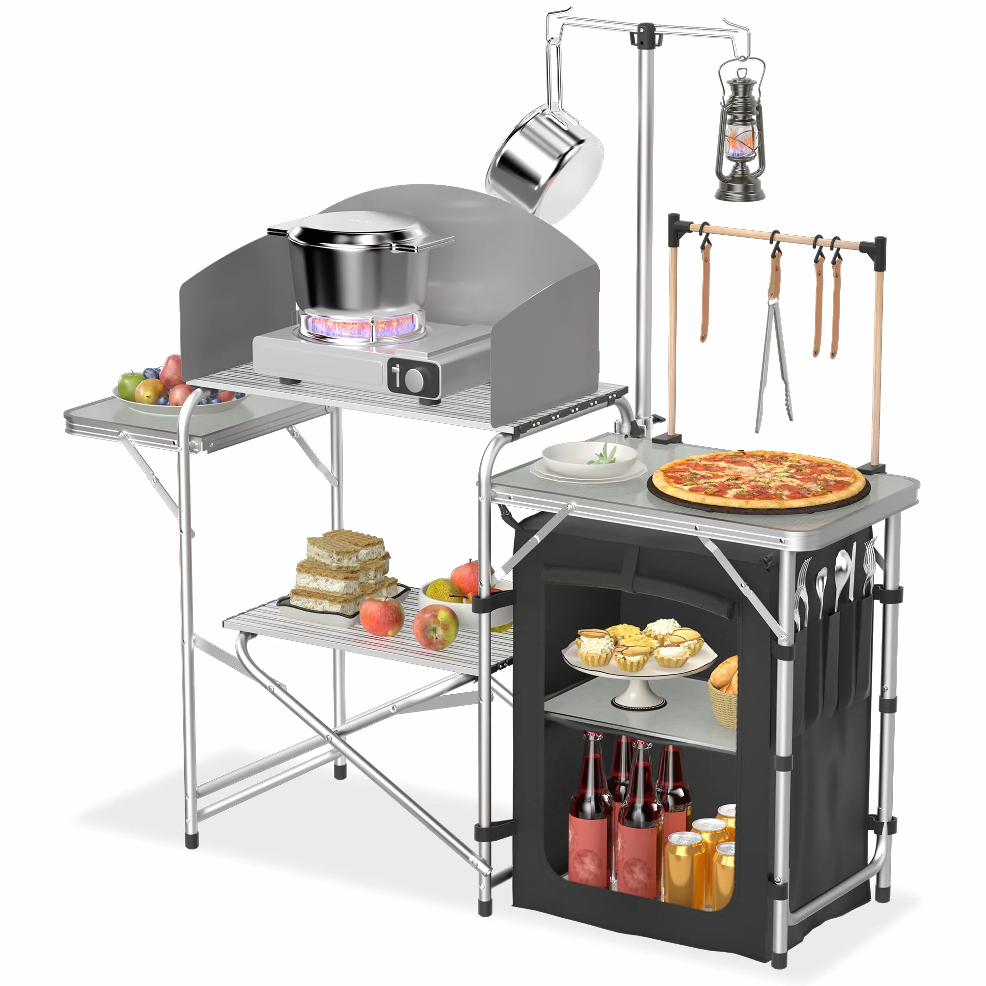 FIVMEN Cocina de camping plegable para camping, armario de aluminio con 3 encimeras, armario, soporte para luz y 4 ganchos, armario de cocina para exteriores