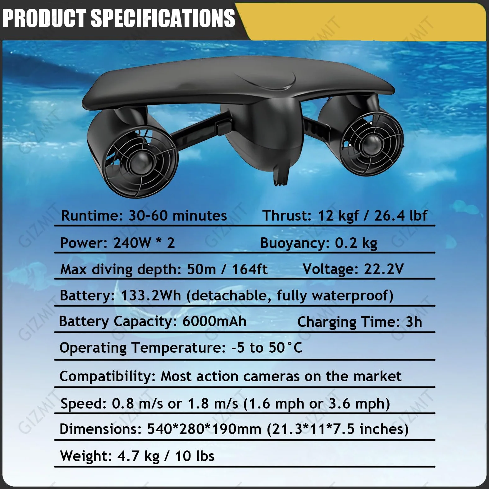 Scooter Submarino, propulsor acuático de Doble Motor con Soporte para cámara de acción, 2 Modos de Velocidad y batería extraíble; Ideal para Buceo y natación en Piscina. Black
