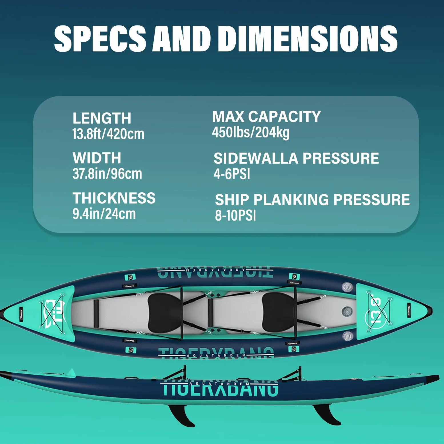 TIGERXBANG Kayak inflable para 2 personas, kayak de turismo de 420 cm para adultos y niños con asiento extraíble, paletas dobles, reposapiés, bomba de mano y accesorios