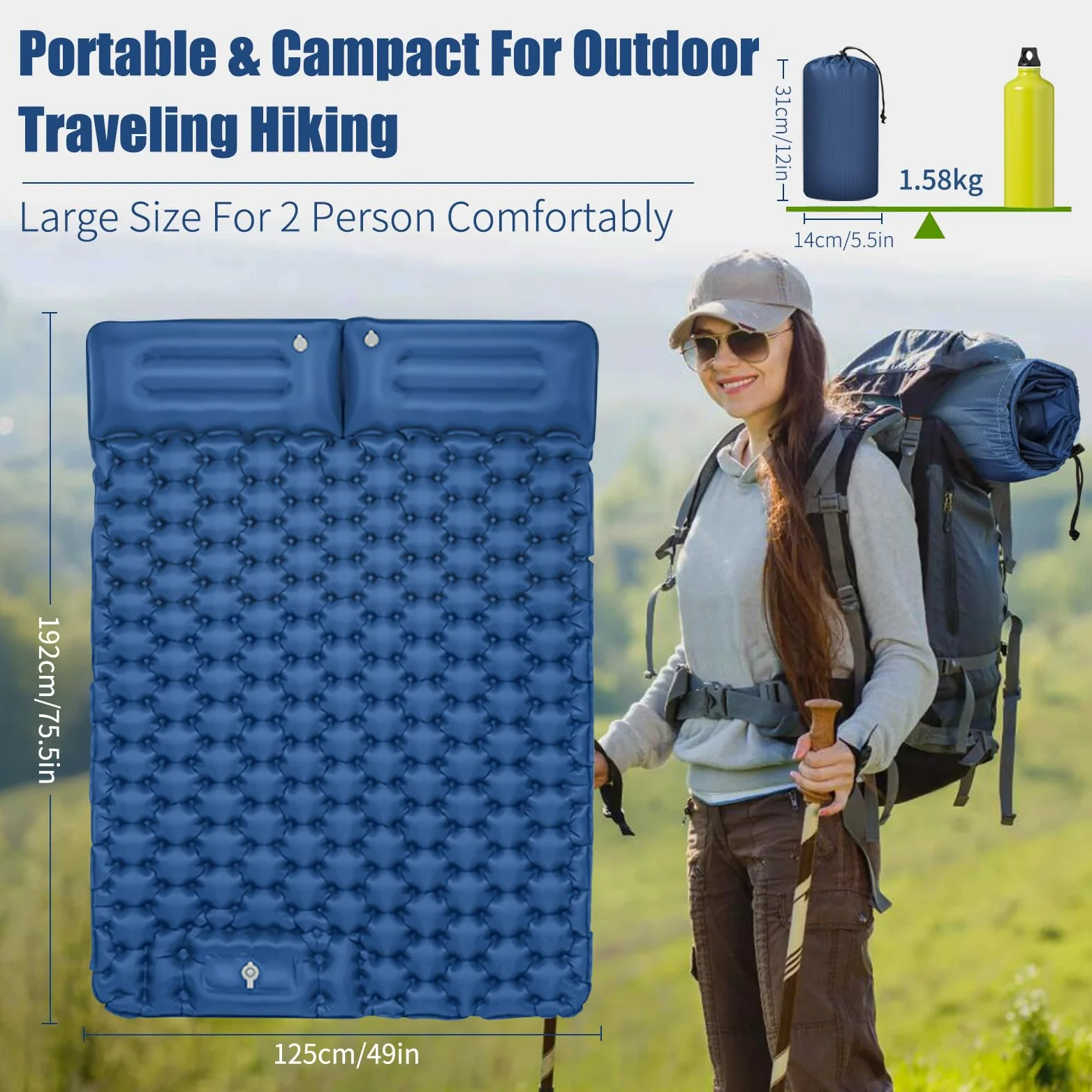 Esterilla Autoinflable Camping 2 Personas, Colchoneta Camping Hinchable con Almohada y Bomba de Pie para Tienda, Viajes, Exteriores, Senderismo, Playa