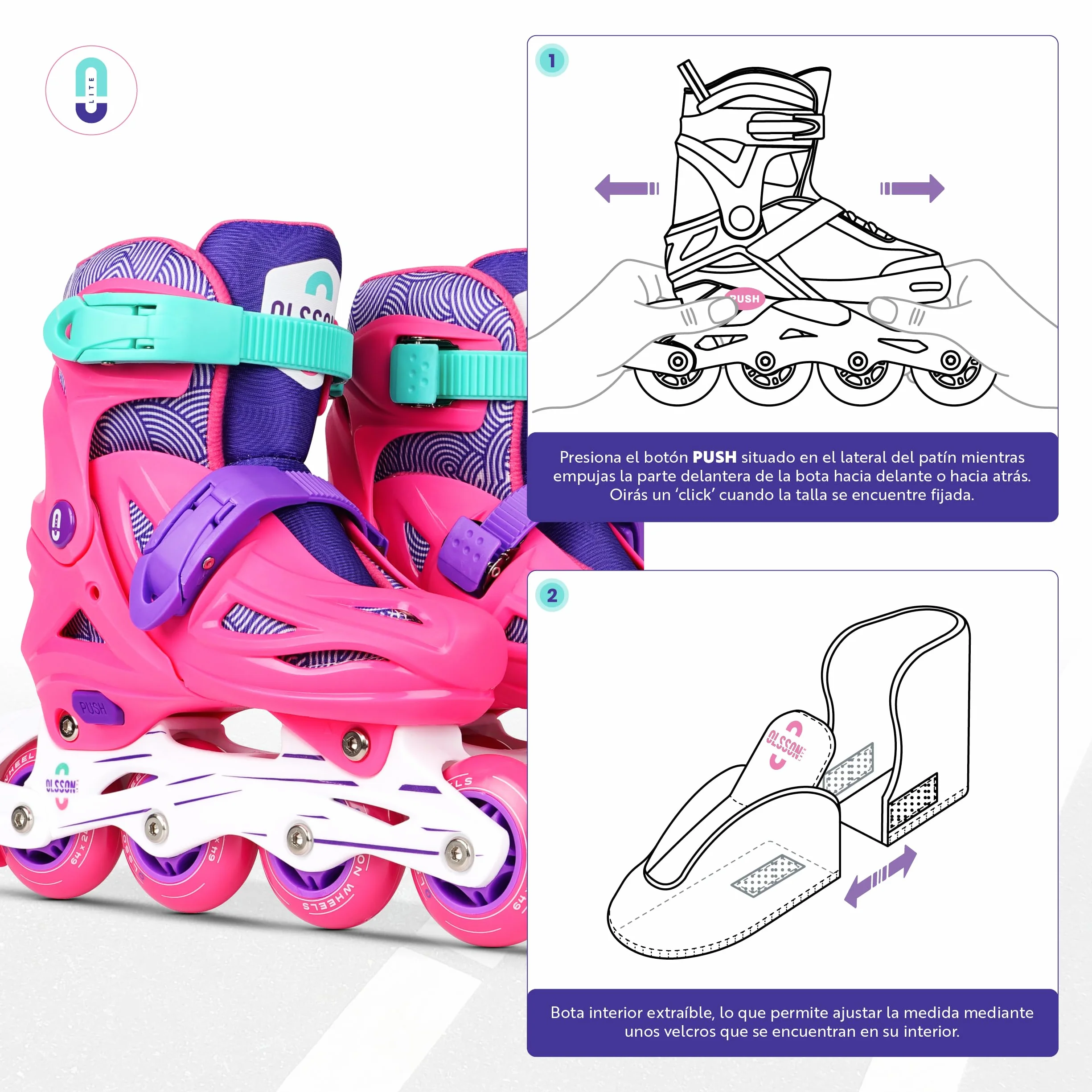 OLSSON Patines en línea niña niño Lite - Talla 28-35 - Sistema de Tamaño Ajustable - Rodamientos 608Z - chasis Resistente al Impacto - Ruedas 64/70MM - Sujeción Regulable - Homologado