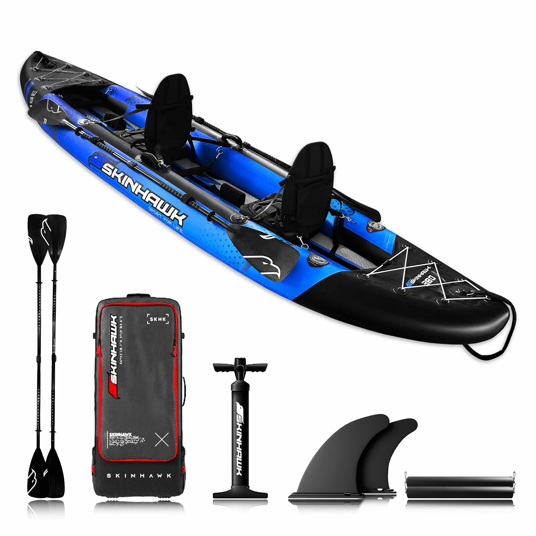 SKINHAWK Exclusivo juego de kayak azul 380 – bote inflable – canoa – 380 x 96 cm – kayak para 2 personas