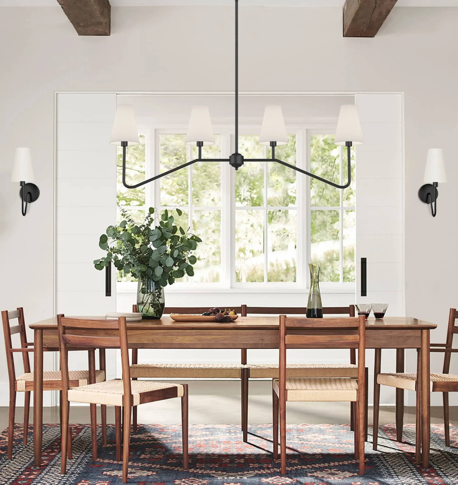 47" W 4-Light Linear Kitchen Island Lighting Fixture Classic Chandelier Matt Black White Linen Shades 160W