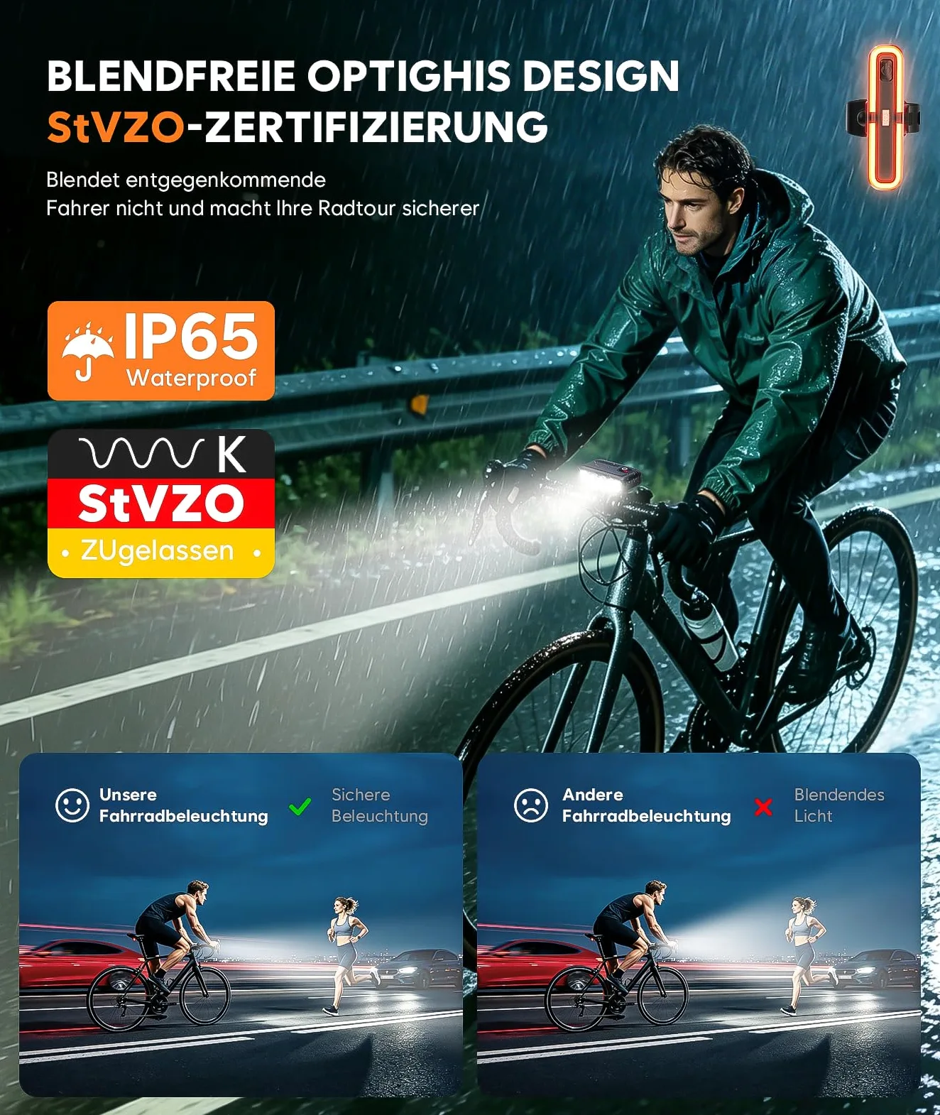 Juego de luces para bicicleta con soporte para GoPro/ordenador de bicicleta, homologación StVZO, USB-C, recargable, antirreflejos, 3 LED faros y luz trasera con luz de freno, IP65 resistente al agua